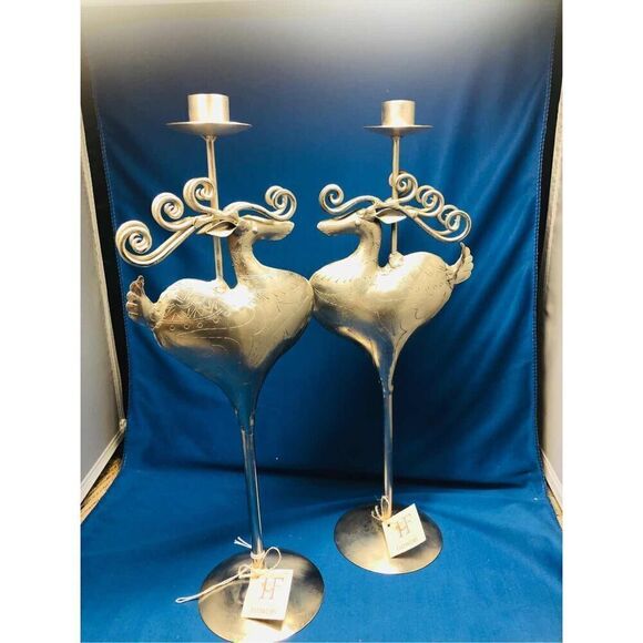 Happy Canyon Flowers Deer Heart candle holders silver tone filigree horns and en - Picture 1 of 15